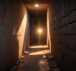 Obraz premium Narrow passageway with a shaft of radiant light piercing through it , light beam, tunnel