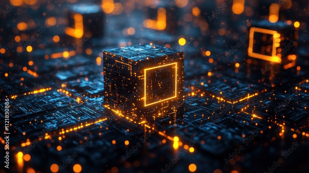 Poster digital landscape of glowing circuits and processors