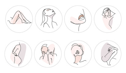 Fototapeta premium Set of beauty icons in one line Instagram. Hand-drawn social media story covers. Vector illustration.