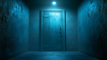 Obraz premium Mysterious door illuminated in a dark corridor