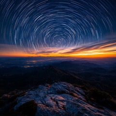 Fototapeta premium Stunning Celestial View of Star Trails Over Mountain Landscape at Dusk with Vibrant Sky and Scenic Horizon