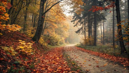 Obraz premium A serene image of a forest trail in autumn, covered with fallen orange, red, and yellow leaves. The path leads to a soft light breaking through the dense trees, creating a sense of peace and reflectio