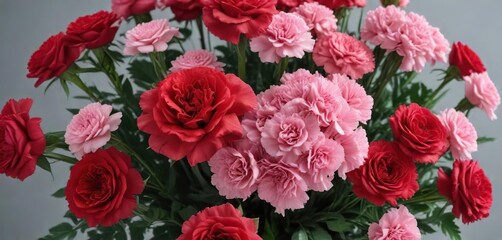 Red roses and pink carnations tied together in a bunch, flowers, flowers