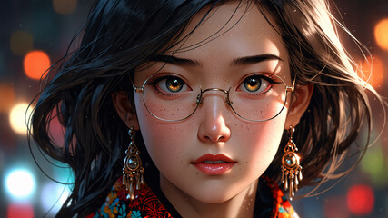 Fototapeta premium Stunning and beautiful digital illustration of Asian woman with glasses and golden traditional clothes gold hair ornament
