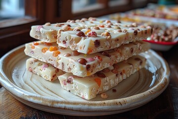 Aesthetic display of stacked white chocolate bars topped with colorful nuts and fruits, set on a ceramic plate against a warm wooden backdrop