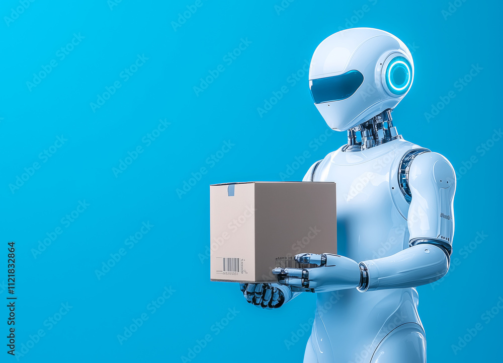 Poster robot holding a cardboard box in a modern setting