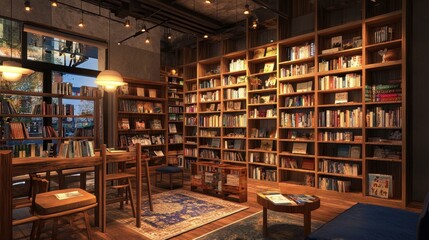 Cozy Bookshop Interior with Bookshelves, Lamps, and Inviting Atmosphere