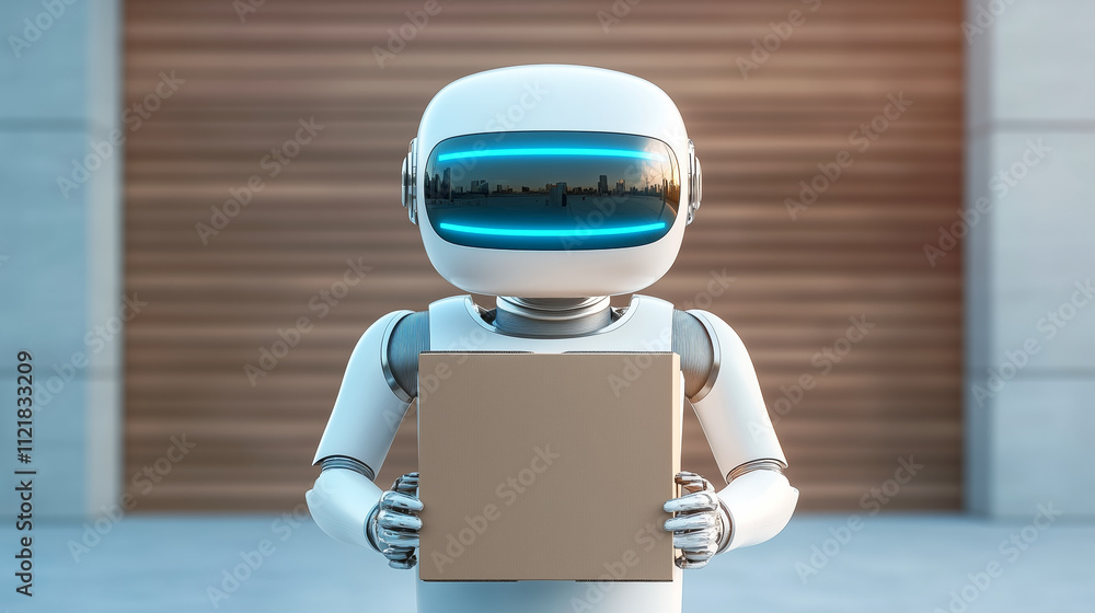 Poster robot holding a package in a modern environment outside