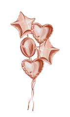Festive elegant background, air helium balloons with ribbons. Watercolor rose gold bunch of balloons
