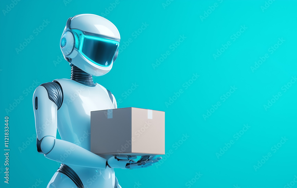 Poster robot delivering a package in a modern setting