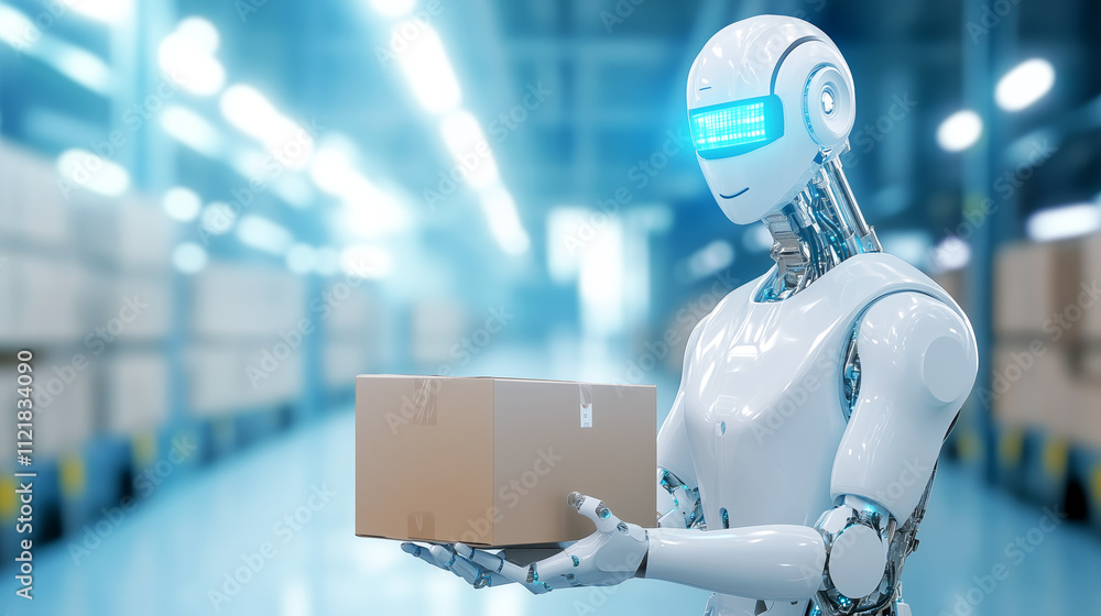 Aufkleber robot handling a package in a futuristic warehouse setting