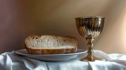 Chalice and bread representing communion, eucharist or holy sacrament