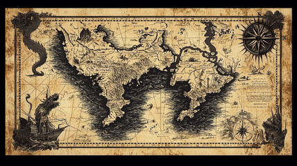 Naklejka premium Vintage Map Design with Nautical Elements and Monsters