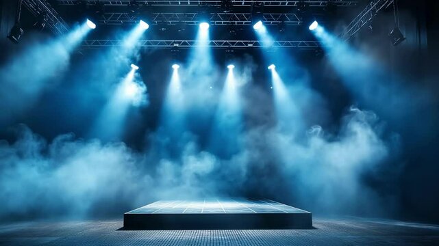 Empty concert stage illuminated by dramatic blue spotlights and smoke in a darkened setting