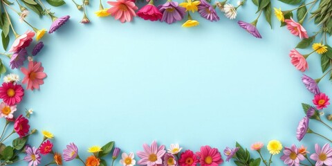 Floral decoration frame with empty space in the middle, featuring vibrant flowers, leaves, and stems, natural, flowers, decoration