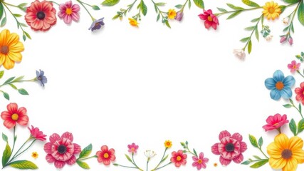Floral frame made up of various colorful flowers and leaves, creating a beautiful border around a blank white space for text, copy space, blank, frame