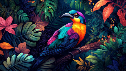 Obraz premium Colorful Bird in Lush Tropical Foliage