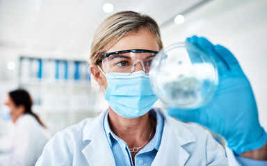 Mature woman, scientist and face mask with petri dish in lab for experiment, test or exam. Female person, micro biologist or chemical compound with sample or new discovery for scientific results