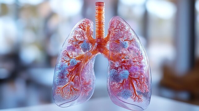 Transparent 3D digital illustration of human respiratory system including lungs trachea bronchi bronchioles and alveoli
