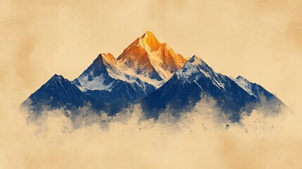 Majestic mountain range with golden peaks and soft clouds in background