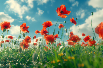 Naklejka premium red poppy field with blue sky covered in clouds