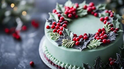 Naklejka premium A festive holly wreath cake with a modern design, featuring smooth green icing, geometric fondant holly leaves, and glossy red candy berries, captured with a clean,