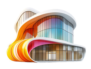 A modern architectural structure featuring flowing lines, colorful accents, and extensive glass surfaces on transparent background.