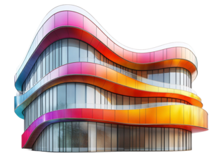 A modern architectural building with flowing, colorful layers that create a dynamic and vibrant appearance on transparent background.