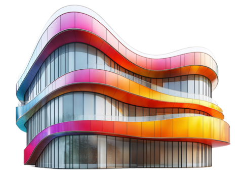 A modern architectural building with flowing, colorful layers that create a dynamic and vibrant appearance on transparent background.