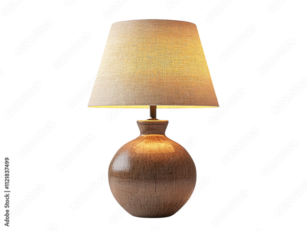 Poster a stylish table lamp featuring a round base with a textured finish and a soft, patterned shade that 