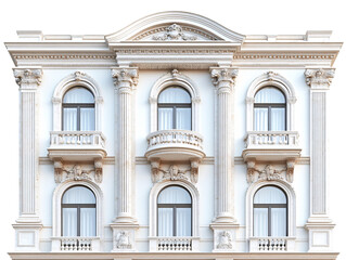 Obraz premium A grand architectural facade featuring ornate columns, arched windows, and decorative elements on transparent background.