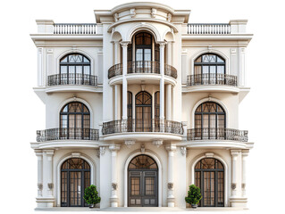 Fototapeta premium A grand, multi-story building featuring intricate architectural details, balconies, and large windows on transparent background.