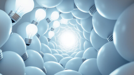 A spiral of white light bulbs, each slightly smaller than the one below it, rising toward the viewer. At the peak, the brightest bulb radiates with an intense glow, representing th