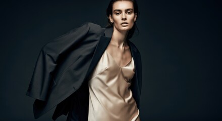 Fototapeta premium Elegant Woman in Silk Slip Dress and Blazer
