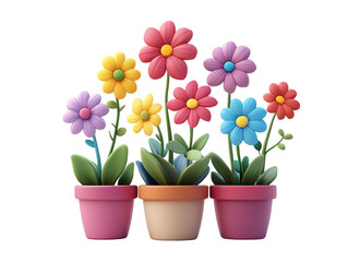 Colorful flowers in vibrant pots, showcasing a variety of shapes and hues, creating a cheerful and lively display on transparent background.
