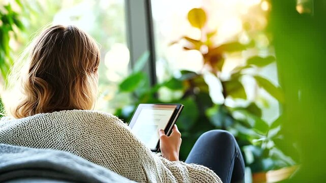 Young Woman Relaxing at Home with E Reader on Couch