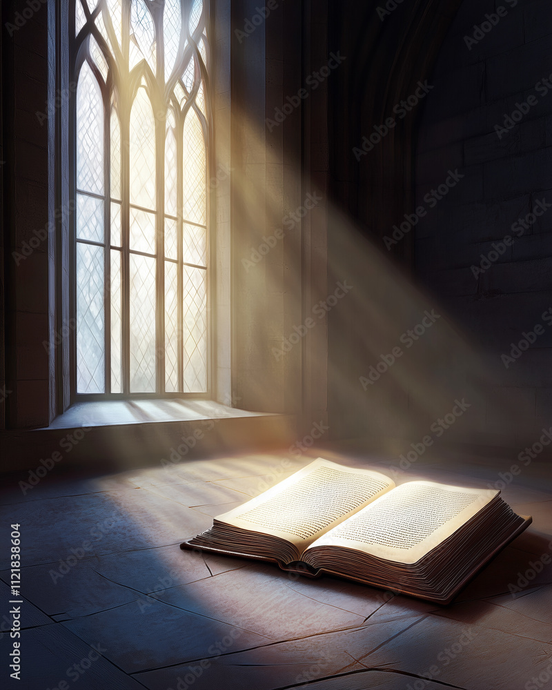 Poster sunlight streaming through a gothic window onto an open book
