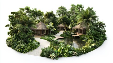 Obraz premium Serene Tropical Retreat: Embracing Nature's Beauty with Villas and a Peaceful Pond