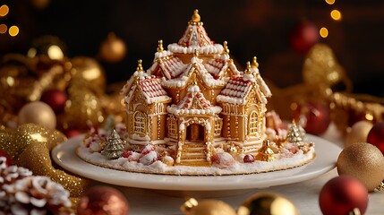 Obraz premium A luxurious Gingerbread House cake with golden edible accents, colorful candy roof tiles, and detailed sugar snow, placed on a frosted platter surrounded by holiday ornaments,