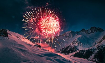 Spectacular Fireworks Display Over Snowy Mountains - Powered by Adobe