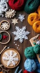 Fototapeta premium Handmade Crochet Snowflakes and Embroidery DIY Ornament Ideas DIY Christmas Ornaments, DIY Christmas Ornaments, Happy Christmas day, Winter vibe 