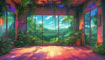 Animated virtual backgrounds, Anime manga style empty room with jungle view and hip-hop lights, a colorful and cozy lofi scene vtuber asset twitch overlay zoom OBS, chill hip hop