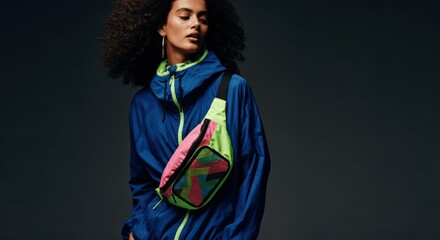 Stylish Woman in Blue Jacket with Colorful Fanny Pack