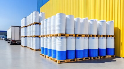 Large white industrial chemical barrels are stacked on pallets beside a truck trailer, against a yellow building under a clear blue winter sky