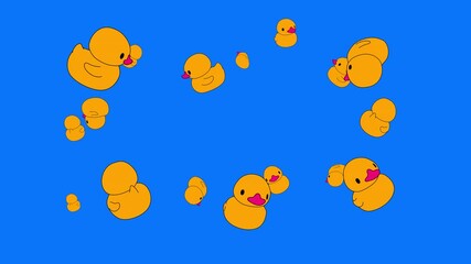 Outline cartoon animation of 3d rubber ducks flying toward camera. Cute yellow ducks flying rotating on a transparent alpha channel - Powered by Adobe