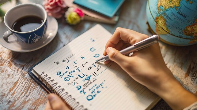 Hands Marking Bucket List on Journal for Travel Goals, Travel Goals and Exploration, New Year's day, New Year's Eve 
