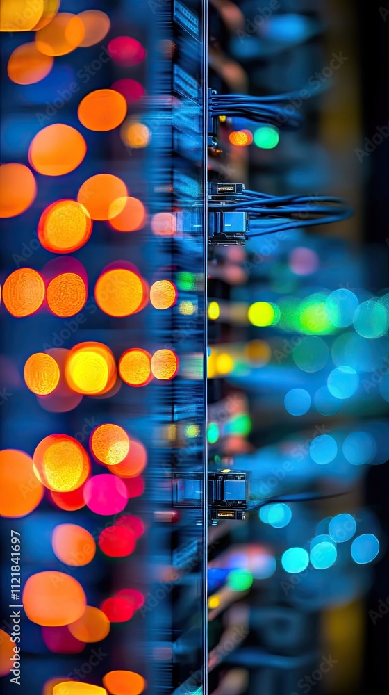 Poster network cables and switches are prominently displayed in a vibrant data center environment, illustra