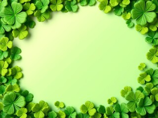 Green background with shamrock leaves bordering a circular green center, festive, template, clover