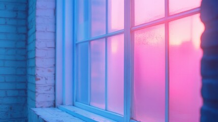 Pink and blue sunset, window, brick wall.