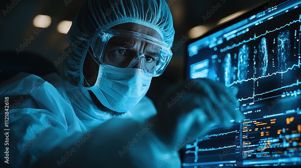 Poster scientist analyzing data on a computer screen